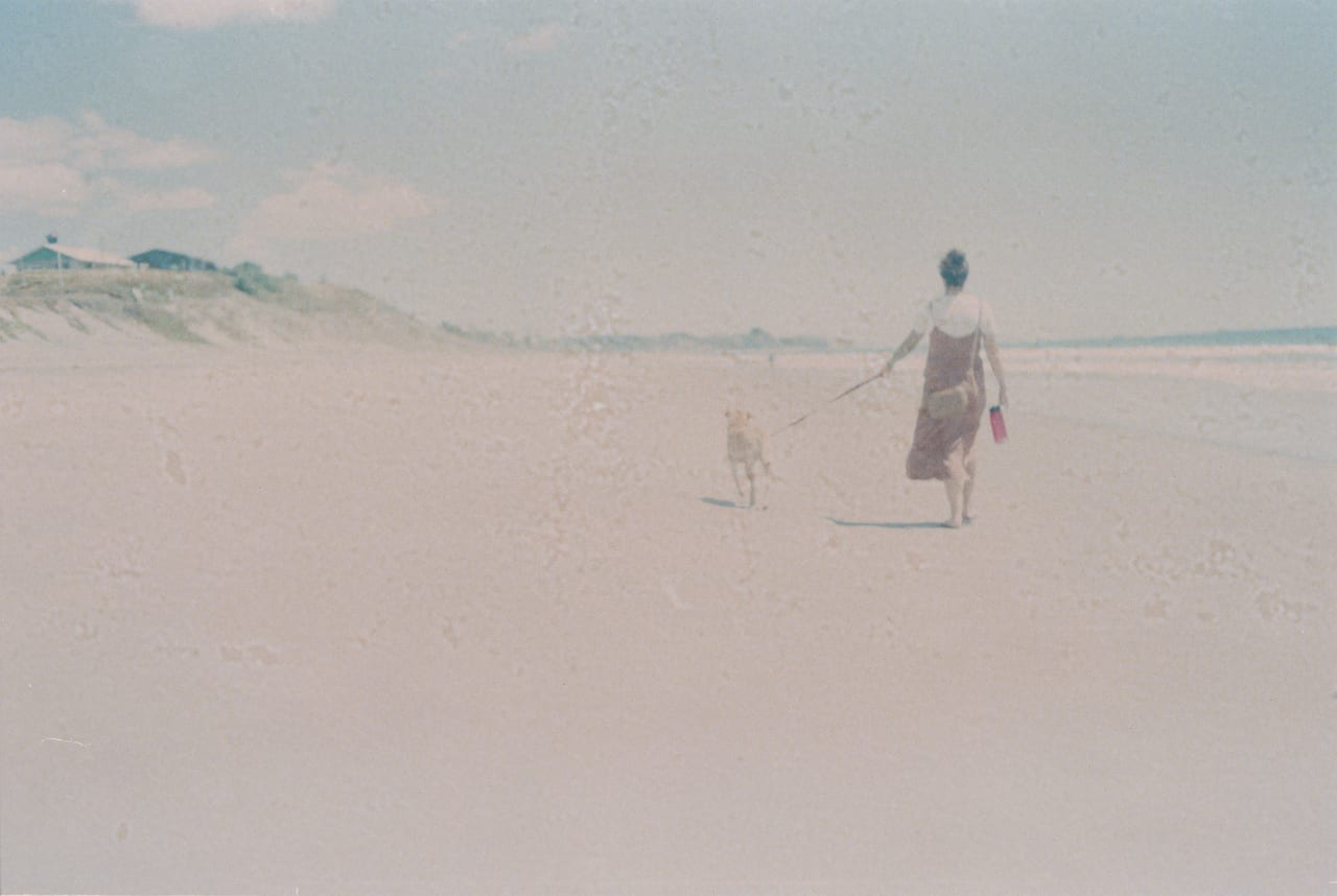 A woman walking a dog on a beach during daytime.
