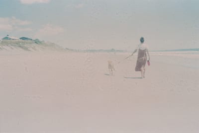 A woman walking a dog on a beach during daytime.