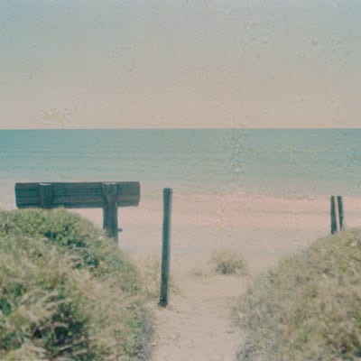 A wooden path leading to a calm beach with the ocean in the background.